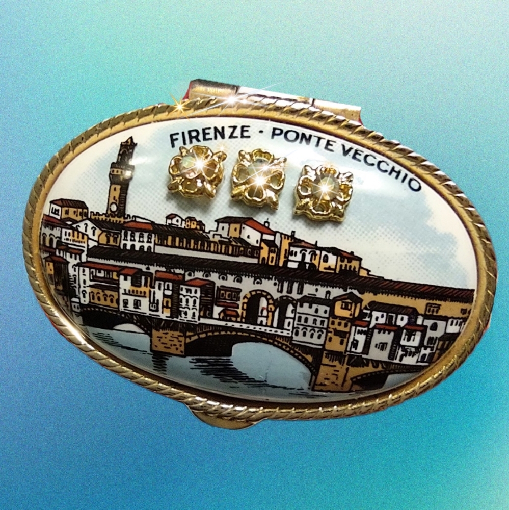 Firenze Ponte Vecchio Scenic Theme Gold Vintage Pill Box Case Trinket Box